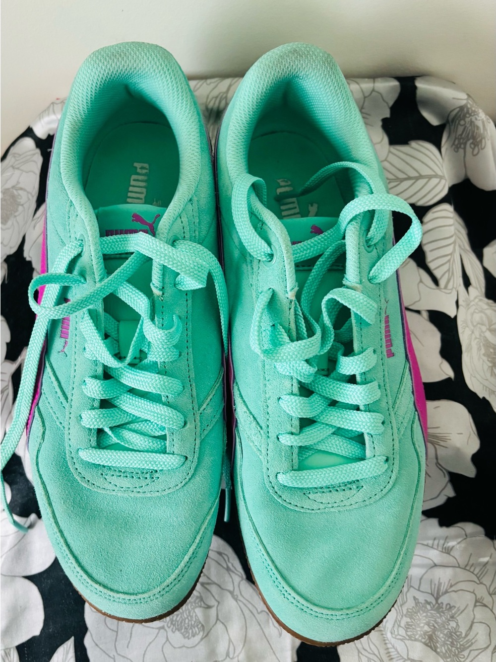 Puma Women's Mint Teal Suede Sneakers with Pink Stripe